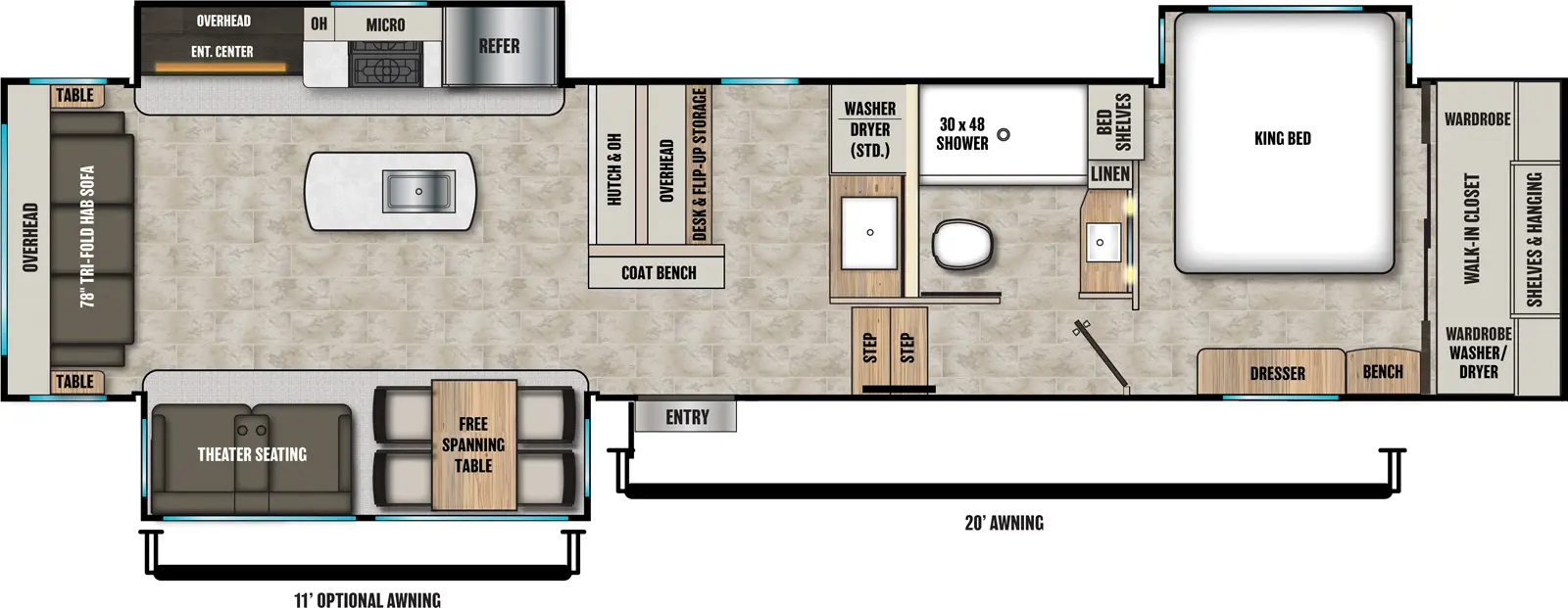 The Brookstone 370RLLO floorplan has one entry and three slide outs. Exterior features include: fiberglass exterior and 20' & Opt. 11' awning. Interiors features include: kitchen island, free-standing dinette option, front bedroom and rear living.